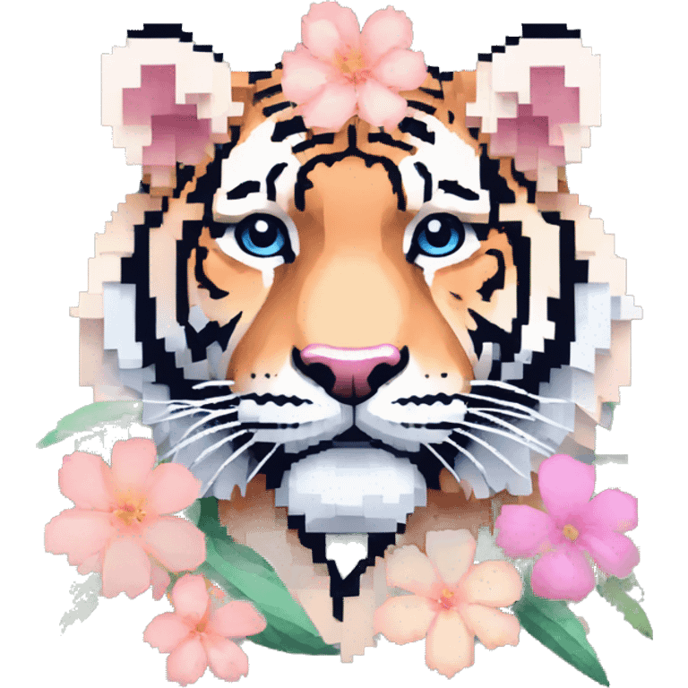 Pixel art of a pixel pink peach beige blue cream pastel pixel tiger wearing tropical flowers and leaves, flower crown, floral, pixel emoji