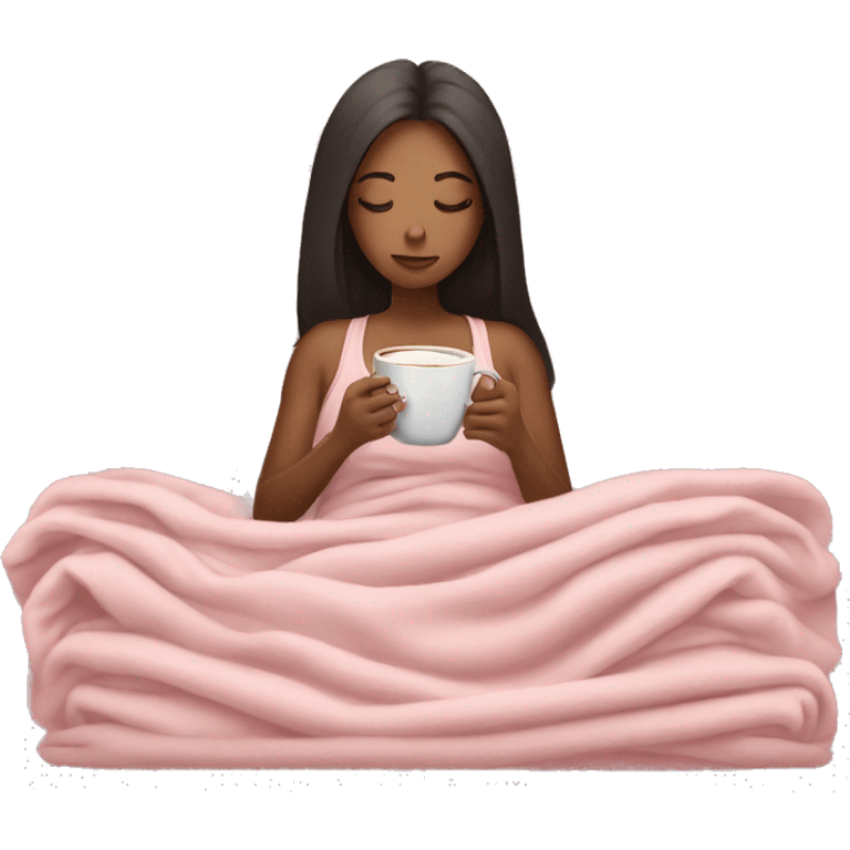 girl inside a light pink blanket sipping coffee eyes closed emoji