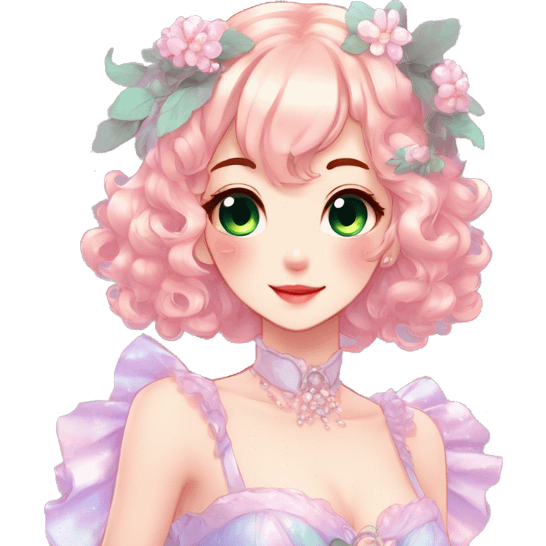 Gorgeous anime style lady with blushing face and accessories cottagecore fairycore Kawaii anime colorful pearly romantic aesthetic trending style emoji