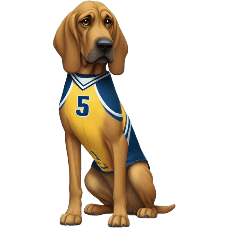 A Bloodhound in a blue, yellow, and white basketball uniform with John Jay on the front and # 35 emoji