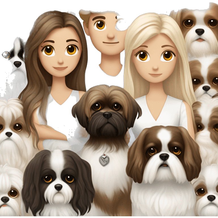 A couple, one very beautiful white  girl with very long volume hair brown and blond and one white boy with perfect brown hair that hugs her and also hugs two little dogs shih tzu black and white emoji