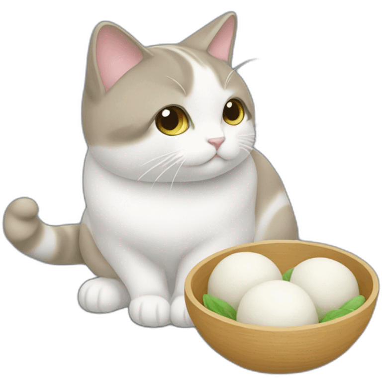 Un chat qui mange des mochi emoji