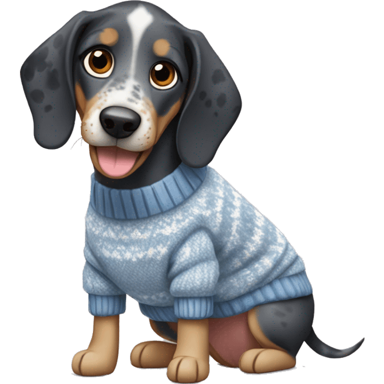 Miniature bluetick hound wearing a sweater that says I love Gram emoji