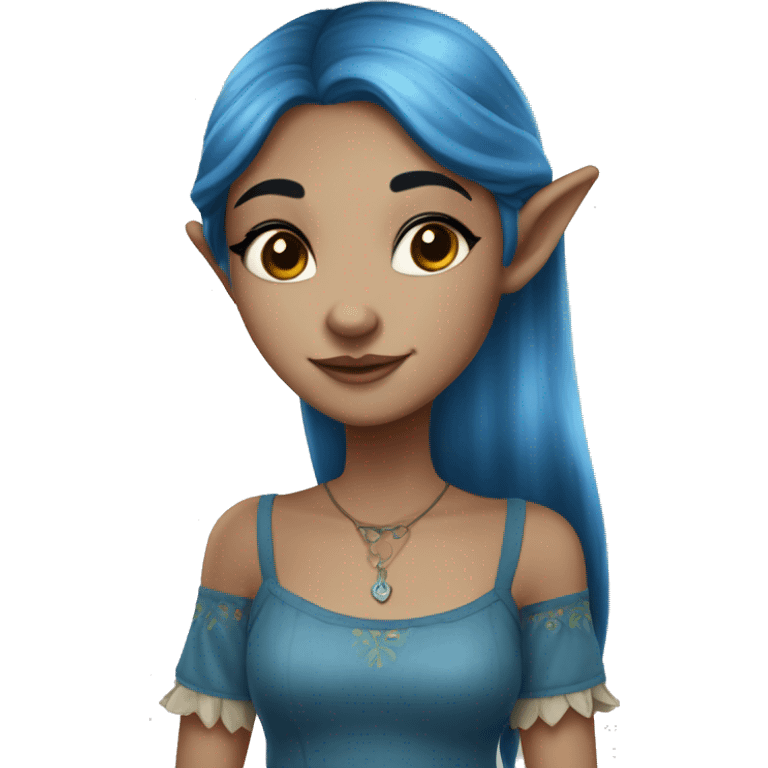 A beautiful blue skinned elf girl who has dark blue hair that shines. She has freckles on her nose and wears a cottage dress. emoji