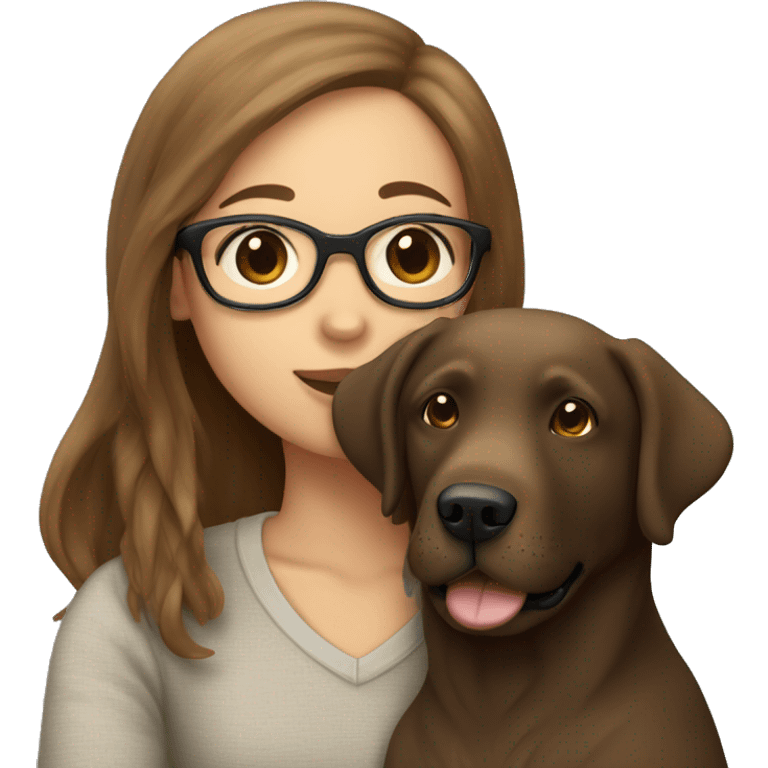 A Labrador retriever cuddles with a girl with brown hair, glasses and a nose piercing emoji