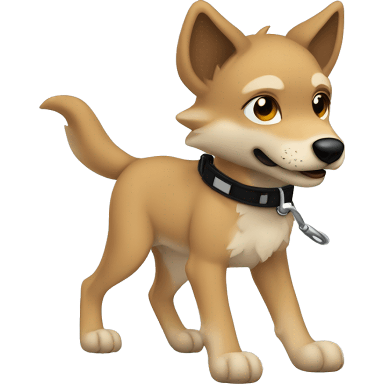 4 short legs a light brown puppy-like wolf with black  ears with black leash  is walking emoji