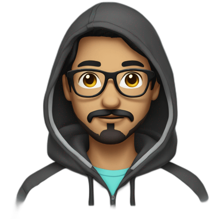 Young man with black hair moustache and beard wearing a hoodie and glasses emoji