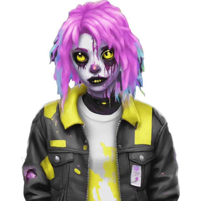 .Zombie_ wearing punk clothes Vaporwave black holographic oilslick zombie unicorn yellow caution tape emoji