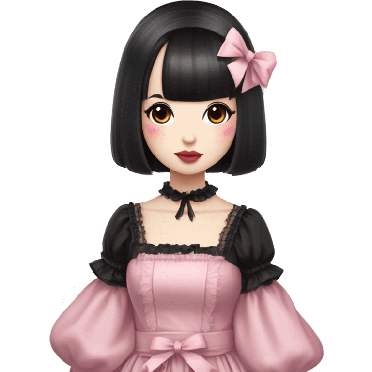 Japanese pale woman with short black hair and bangs, pink lips and eyeshadow, long eyelashes, brown eyes, pink Lolita dress with laces and ribbons, gothic Lolita doll look emoji