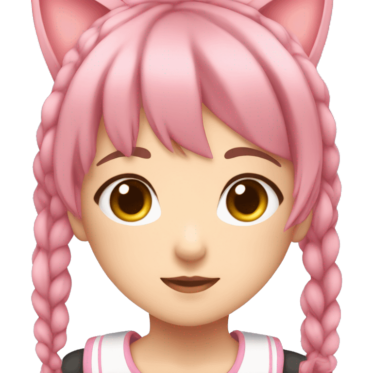 cute anime girl with brown and pink hair with cat ears and shes in a pink school girl outfit emoji