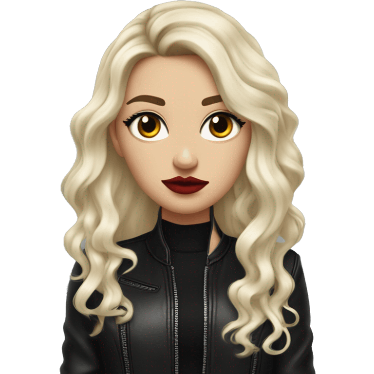 White girl, with long curly black hair, with red lipstick, black winged eyeliner, wearing black shirt and black leather jacket, rolling her eyes in annoyance  emoji