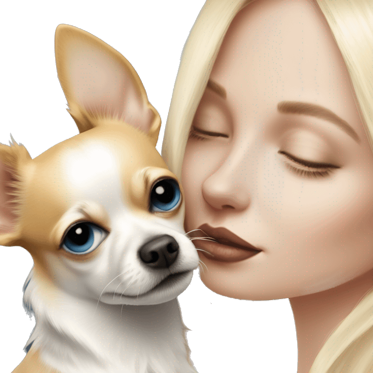 Blonde blue eyed, pale skin woman kissing her chihuahua, the chihuahua has the color of black and white, the chihuahua has long coated  emoji