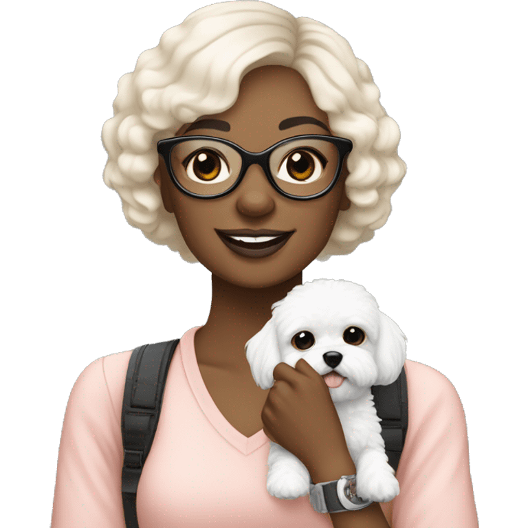 Beautiful woman with black glasses holding small white MaltiPoo dog emoji