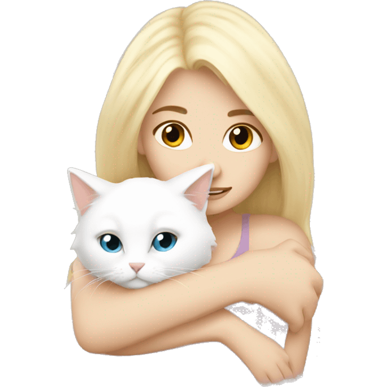 Blonde girl snuggling fluffy white cat emoji