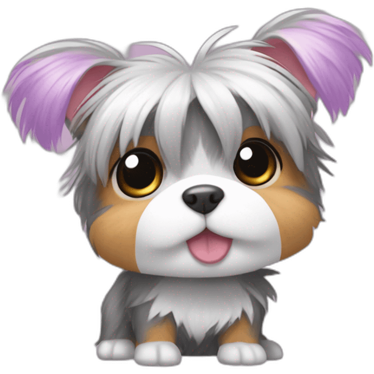 yorkshire terrier with grey hair with the tongue and two little pink hair-bow on the head with a purple nappy and a Hamtaro beside emoji