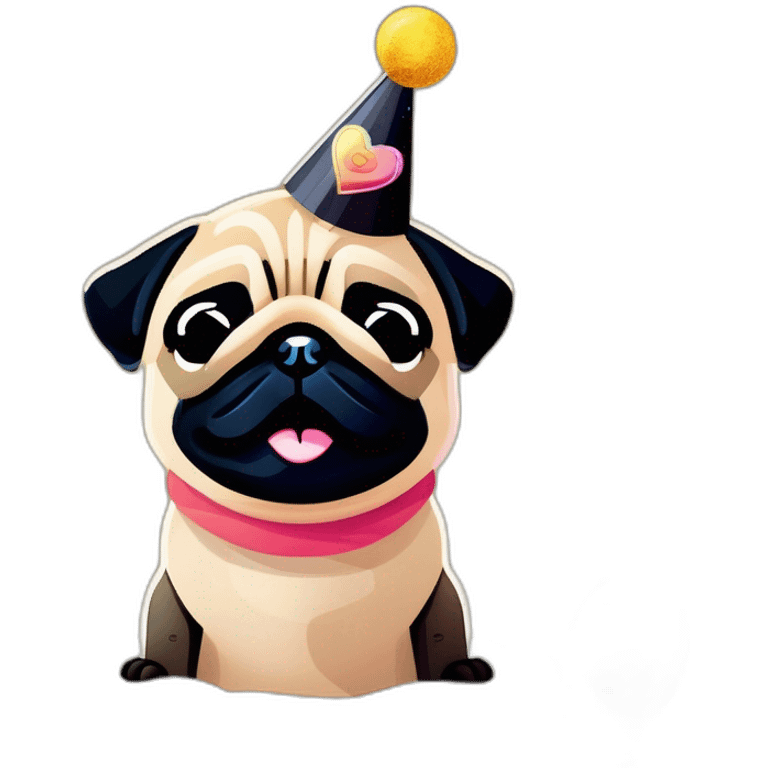 pug and black pug wearing birthday hat emoji