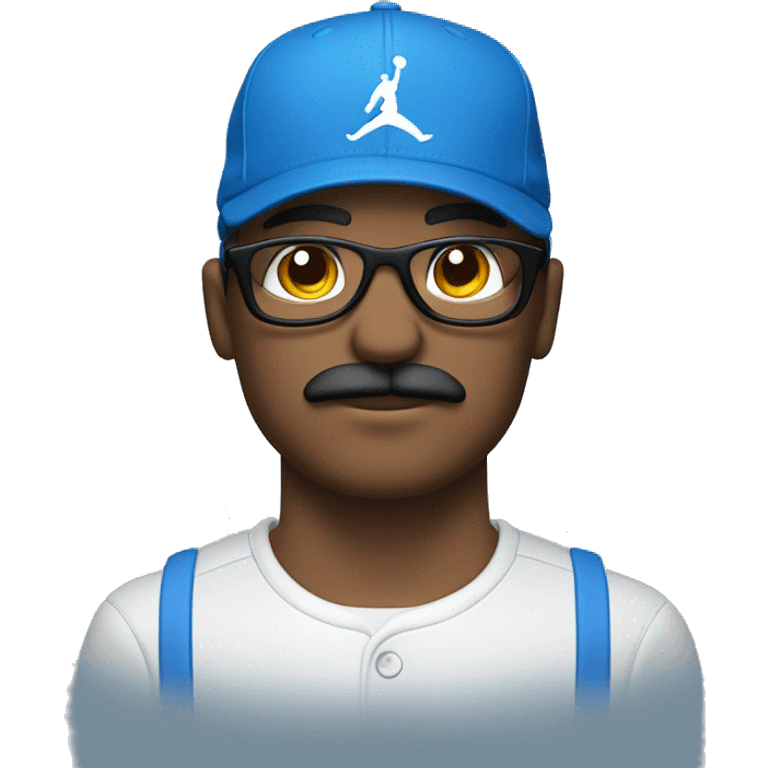 Homme blanc avec une moustache portant des lunettes bleues , une casquette jordan bleu , un survêtement bleu emoji