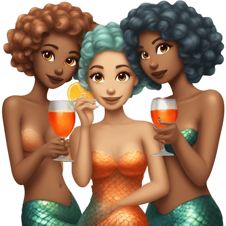 Three beautiful mermaids light skin drinking aperol emoji