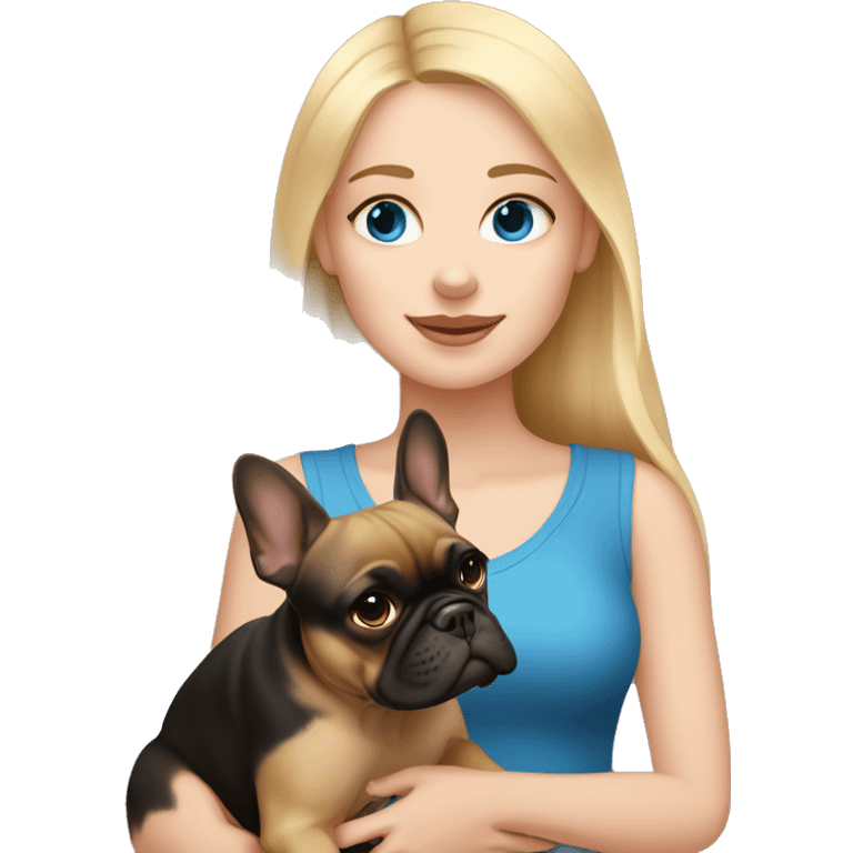 Blonde girl with blue eyes holding brown and black French bulldog emoji