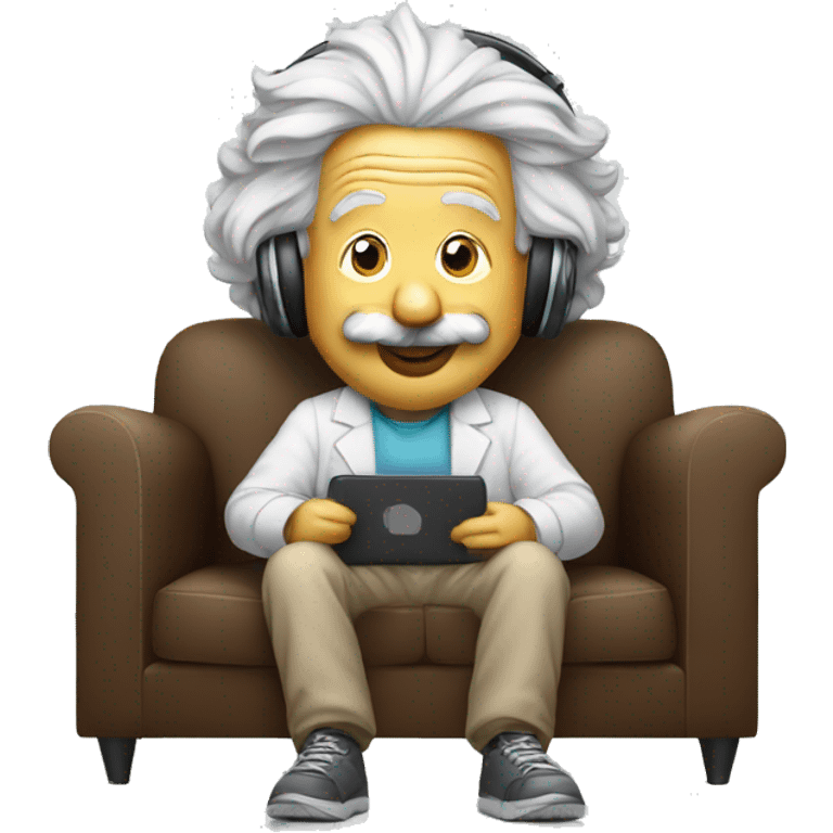 albert einstein happy listening music with wireless headphones while sitting on the couch emoji