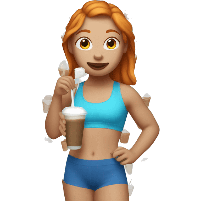 Ginger girl in blue sports bra and leggings drinking iced latte emoji