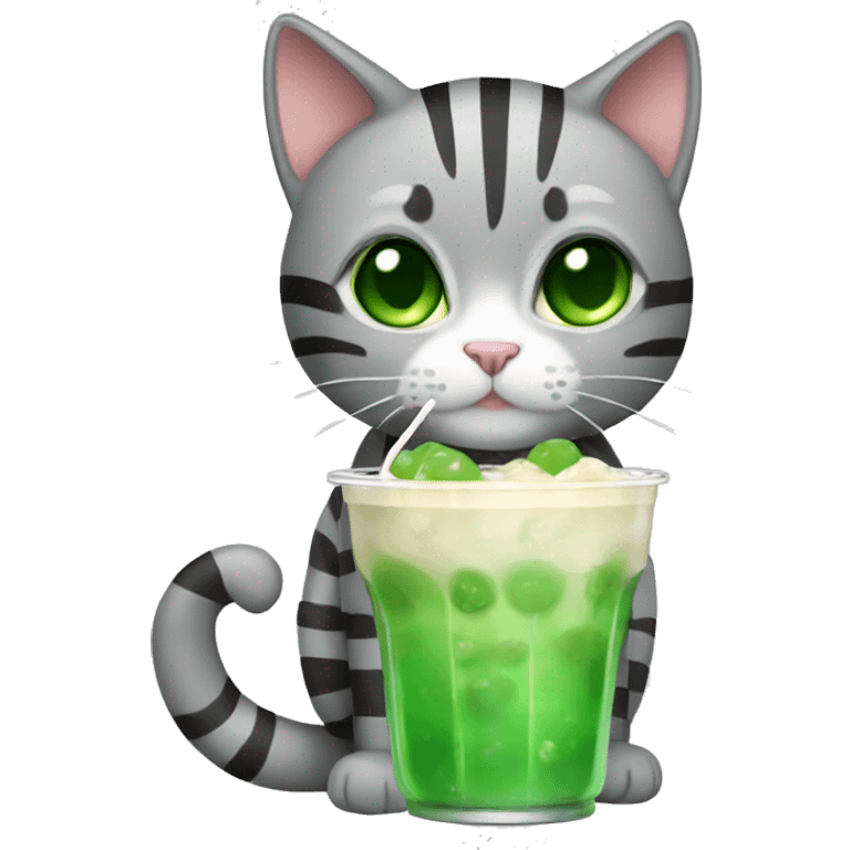 A striped grey cat with green eyes drinking boba emoji