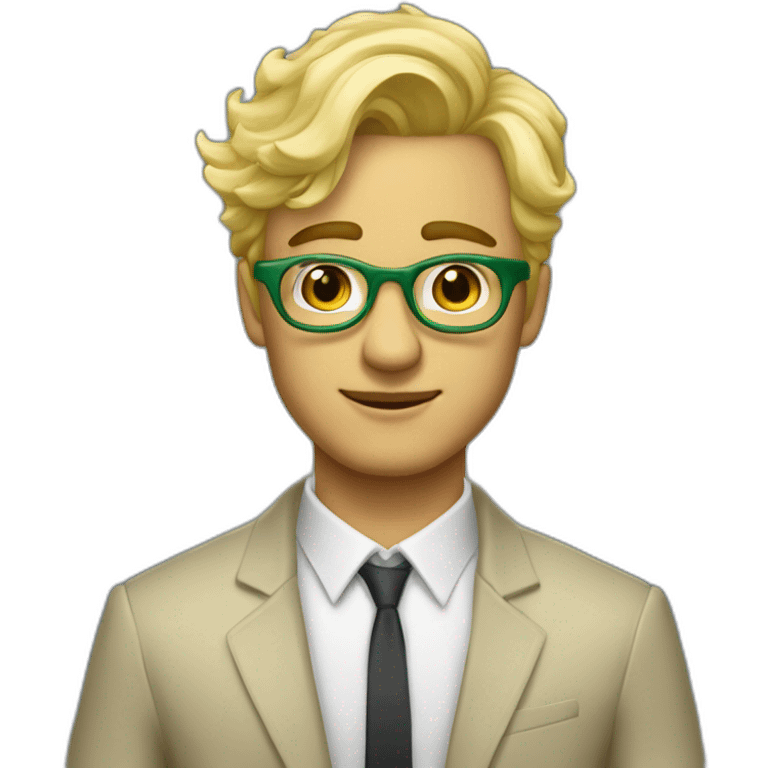 Joli homme blond aux cheveux court et boucles avec des yeux verts et des lunettes emoji