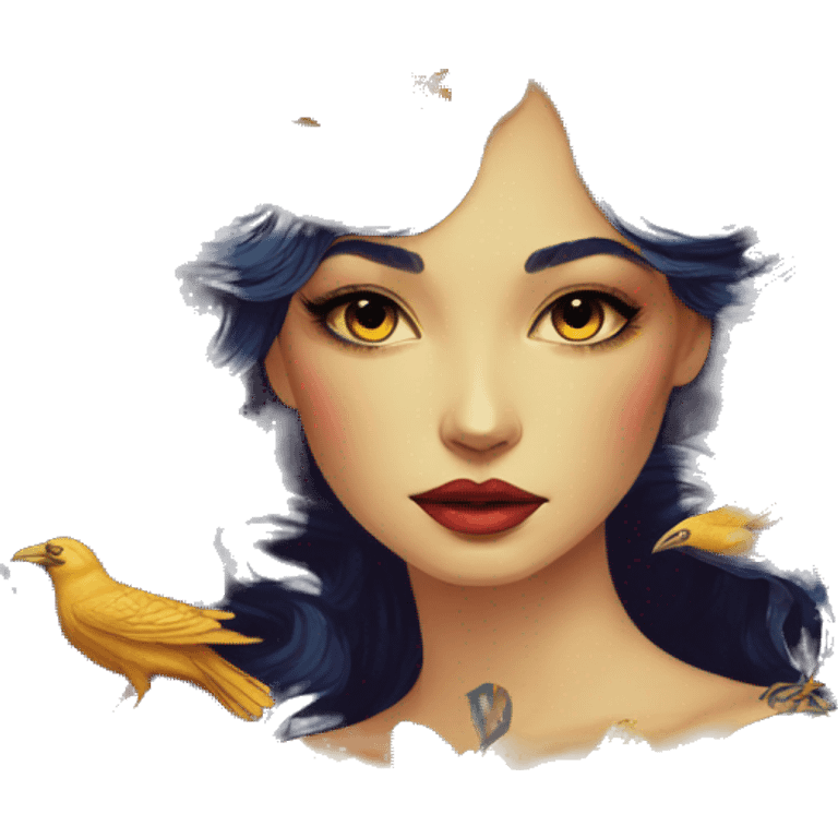 Psychedelic girl vintage gold ravens flowers emoji