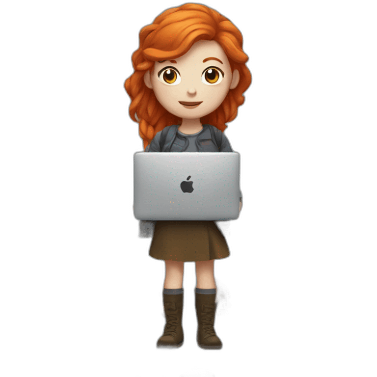 red-haired ginger girl, in an alternative outfit, holding a macbook emoji