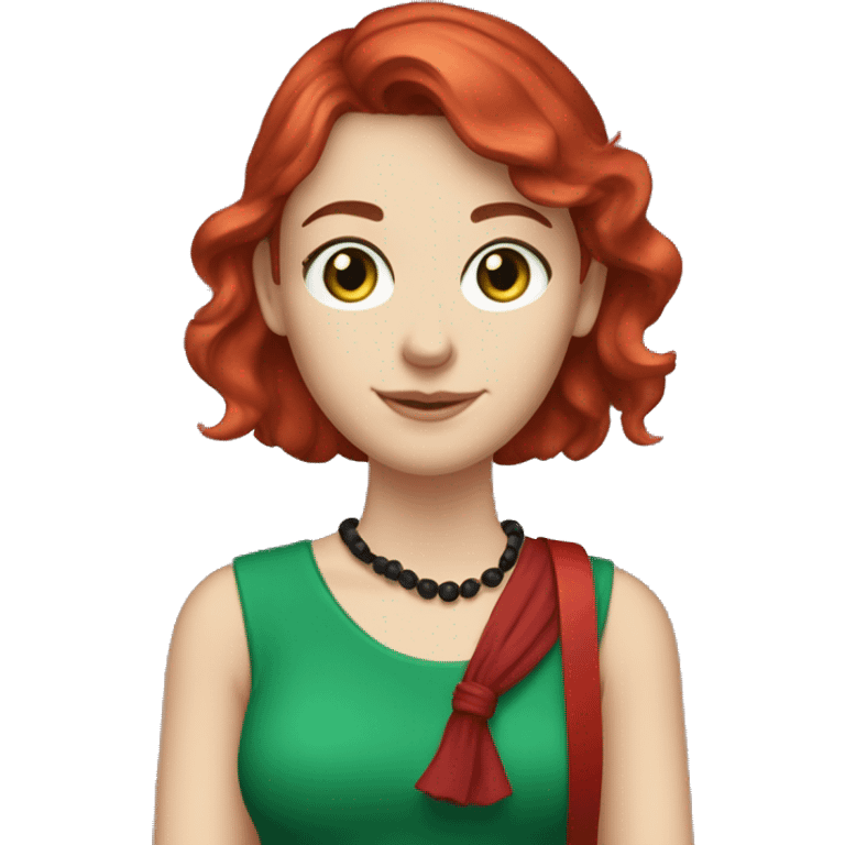 White caucasian woman in her 20s with red layered hair and bangs green eyes freckles wearing a red dress, skinny scarf around the neck and holding a little black purse on her shoulder emoji