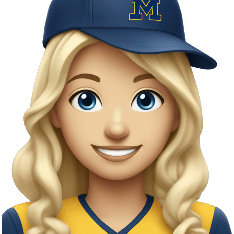 Blonde girl with blue eyes smiling wearing University of Michigan hat emoji