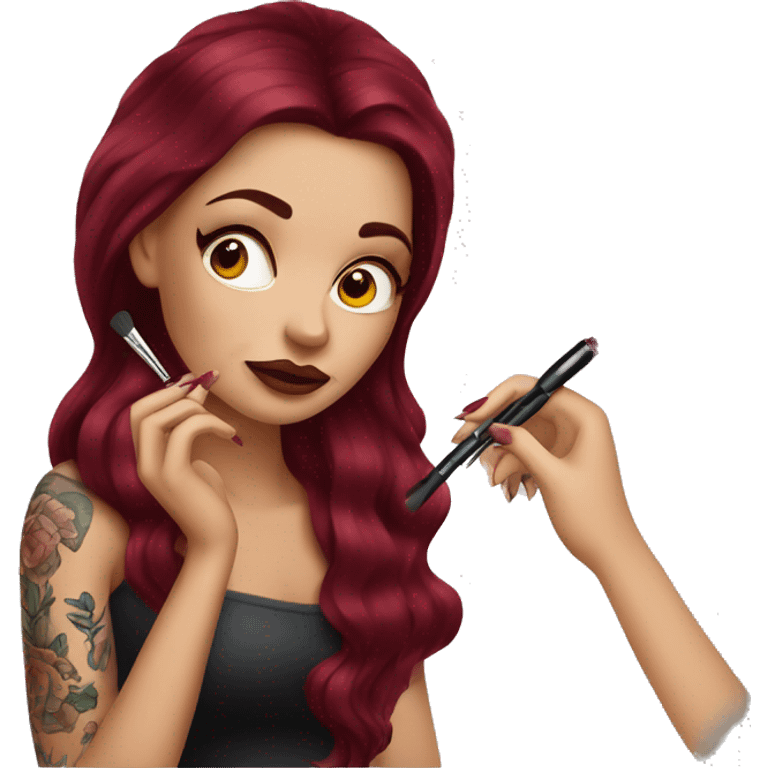 Beautiful tattooed burgundy long haired woman doing her makeup emoji