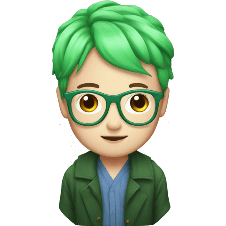 pink hair, Japanese, green glasses, white emoji