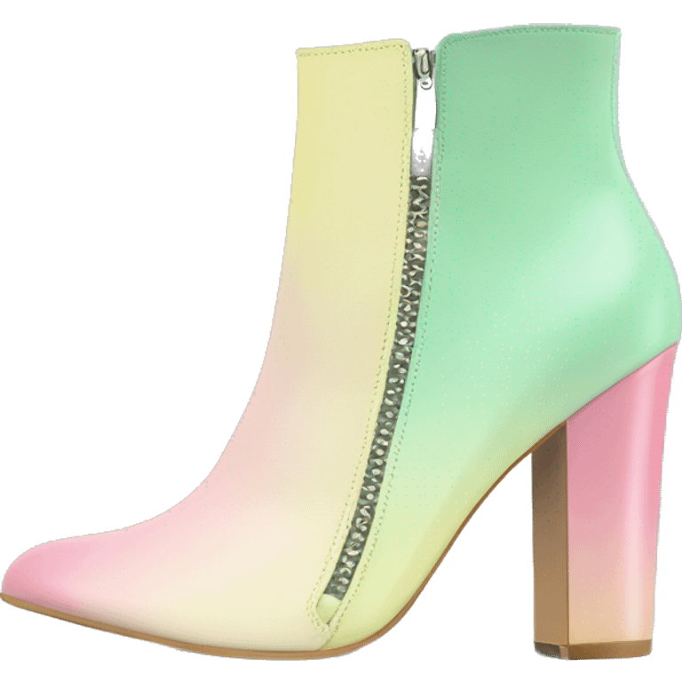 Realistic isolated top front view of a pair of pastel green,pastel yellow,and pastel pink ombre leather cut out high heel ankle bootie boots.  emoji