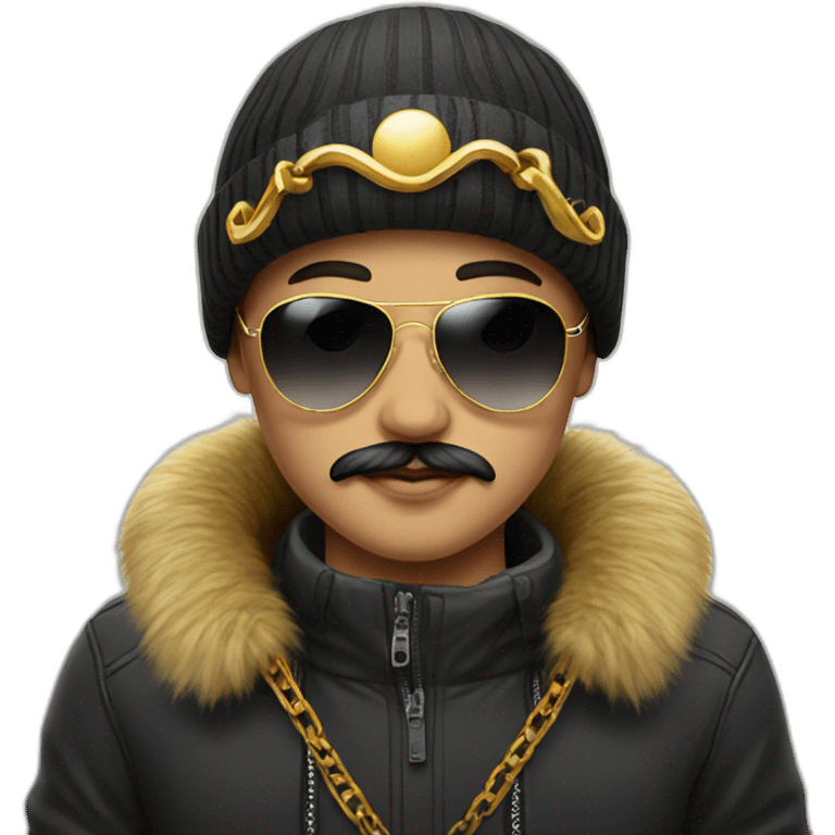 A boy with moustache , black sunglasses and wearing golden chain in neck and a winter cap potrait  emoji