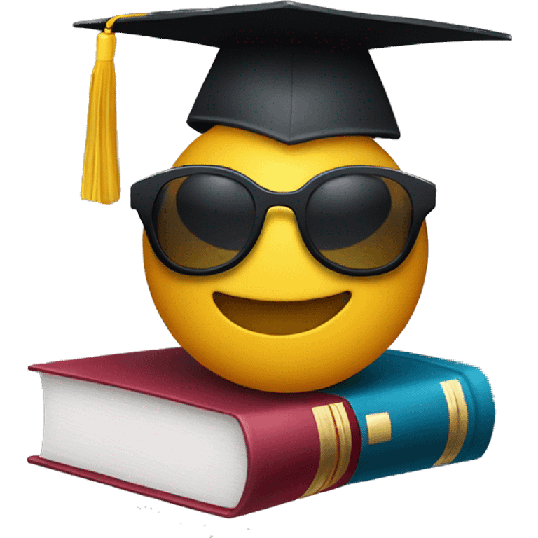 A smirking face with sunglasses 😎, holding a book in one hand and a football in the other. The emoji is wearing a graduation cap slightly tilted to one side, indicating a fun yet smart personality. emoji