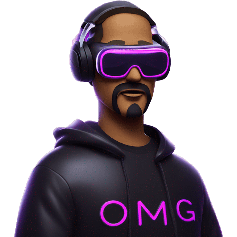 Big Lebowski wearing a black hoodie with "OMG" letters on it and VR headset oculus quest 2 in a cyberpunk VR environment with violet neon lighting. emoji