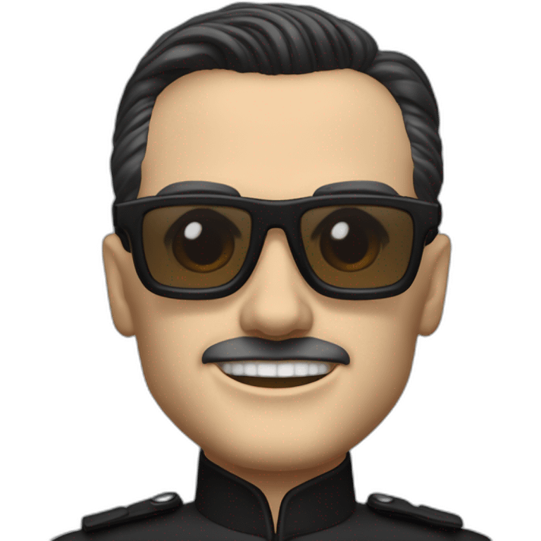 small photo realistic Ralf Hutter from Kraftwerk, short straight black hair, Dark Brown eyes, black glasses, thin, black shirt, side view, waving, riding open top black tesla emoji