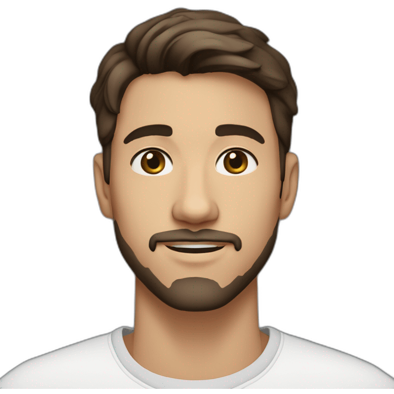 A 20 year old man with short dark brown hair, dark blue eyes, warm skin and a goatee and stubble emoji