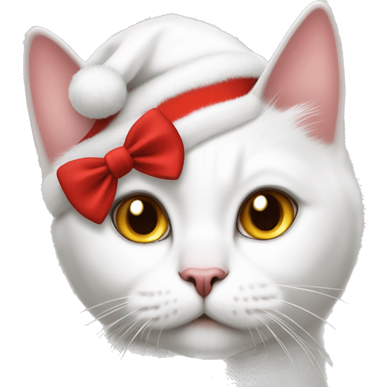 White Cat wearing red bow collar and Santa hat emoji