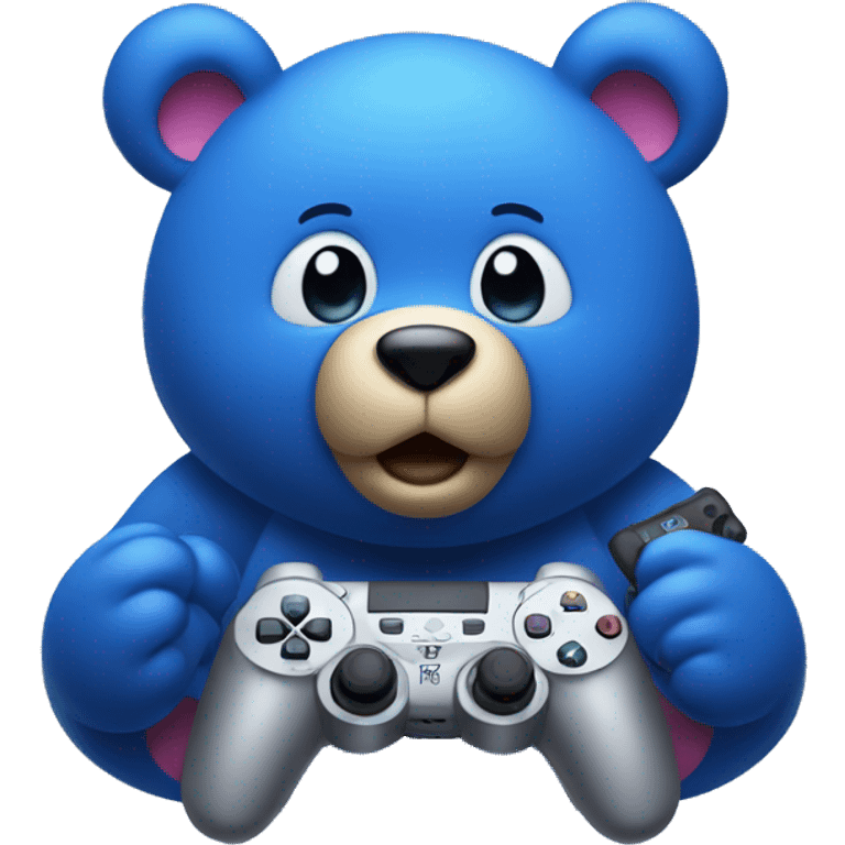 Blue colored bear holding a ps5 controller and making a surprised expression with his face emoji