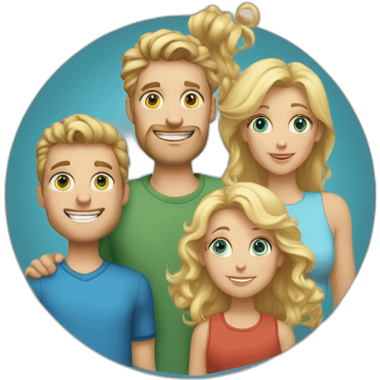 A family with a blond white green eyed girl (the mother) a white guy with huge jawline and blue eyes, curly blond hair (the father), Two twin 10 years old boys  emoji