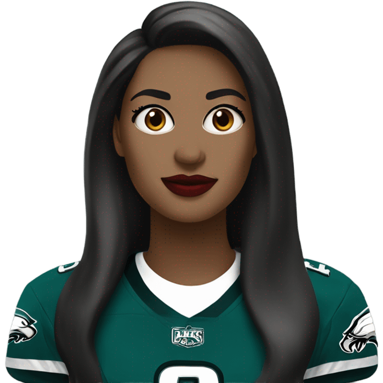 White female long dark hair red lips wearing Philadelphia Eagles jersey emoji