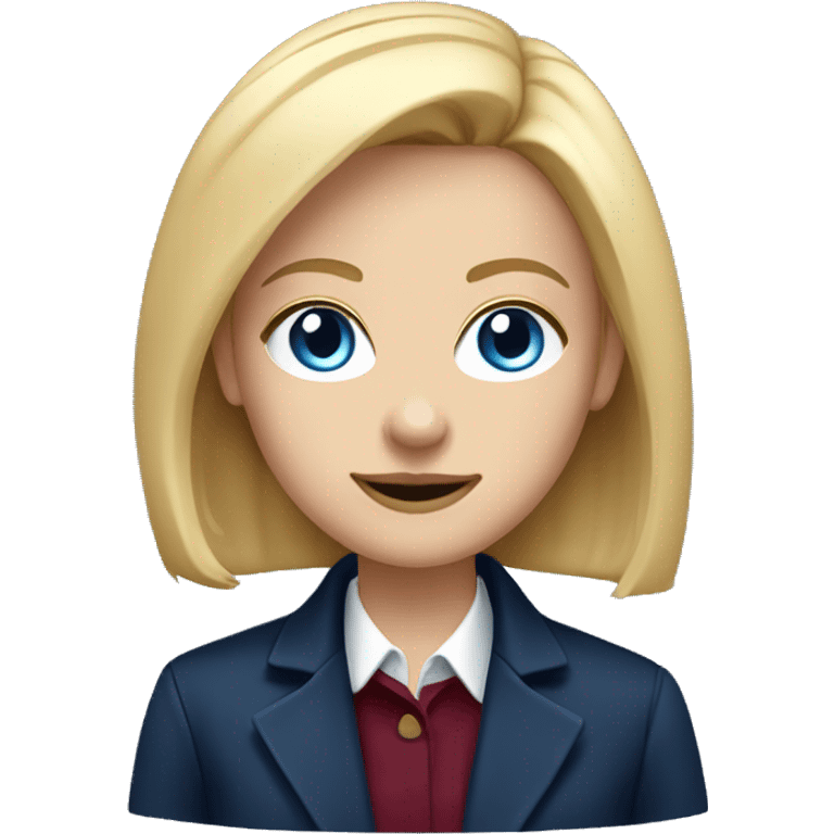 portrait of an adult girl, blue eyes, straight long bob blond hair, dark blue jacket suit, burgundy red collar under emoji