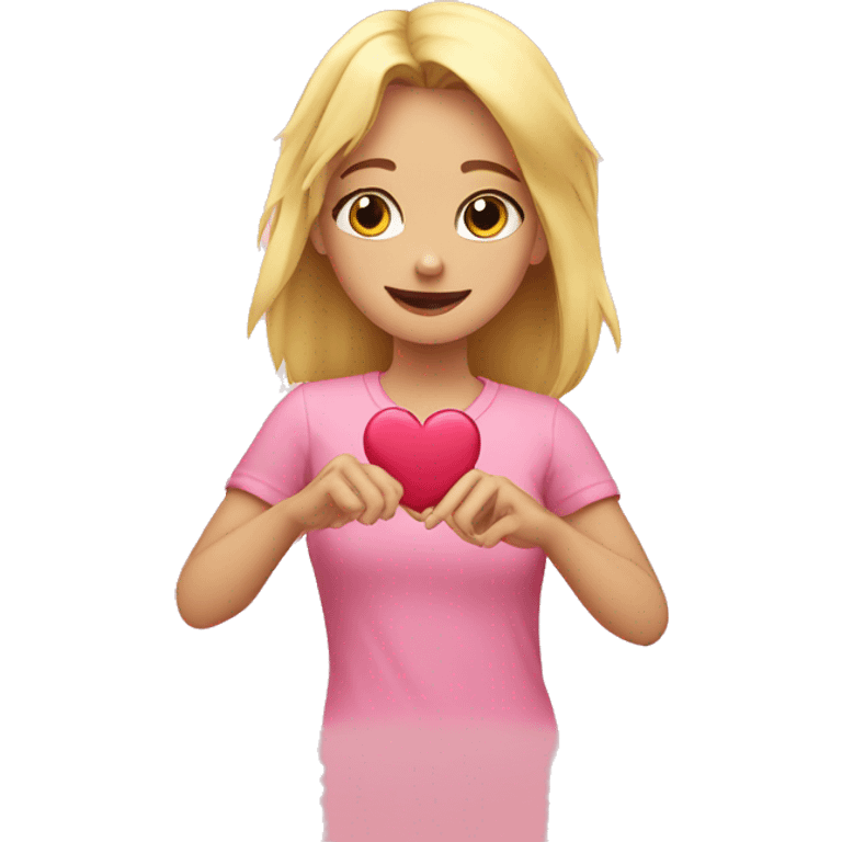 Blond girl in pink shirt making a heart with her hands emoji