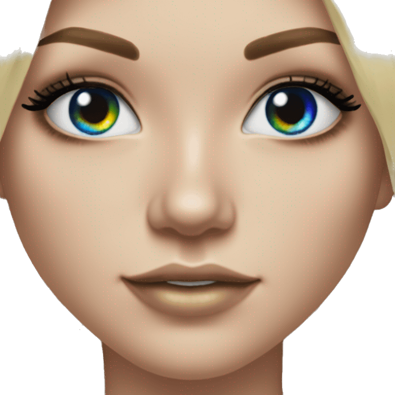 Hyperrealistic pretty white girl with blue eyes and long black hair with rainbow fringe. Wearing gold chain necklace has long eyelashes. emoji