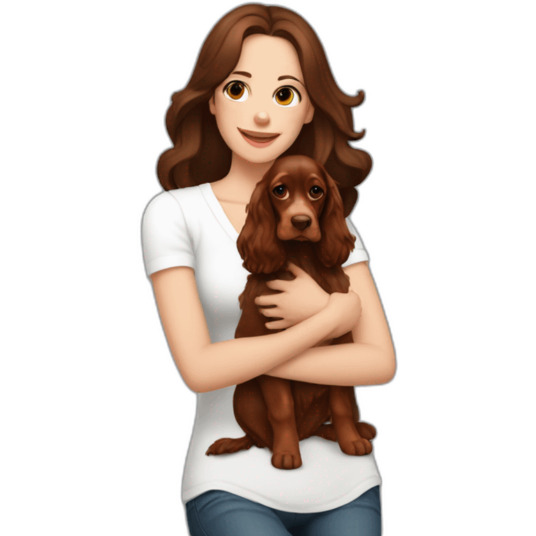 dark brown hair woman in white singlet sitting red english cocker spaniel on her lap emoji