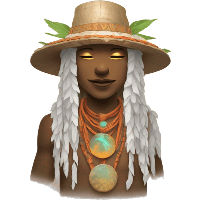 Shamanic rituals for influencing weather, shaman wearing bucket hat, sun is shining emoji