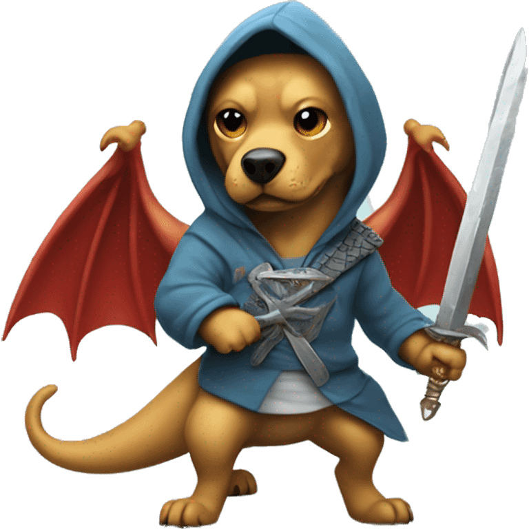 Dog wearing a hoodie with a sword fighting a dragon, but the dragon kills the dog emoji