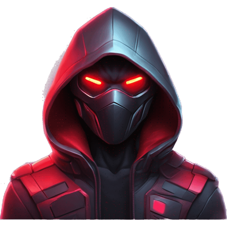 developer behind his laptop with this style : crysis Cyberpunk Riot Games Valorant neon glowing bright red character red dark black hooded assassin themed character emoji